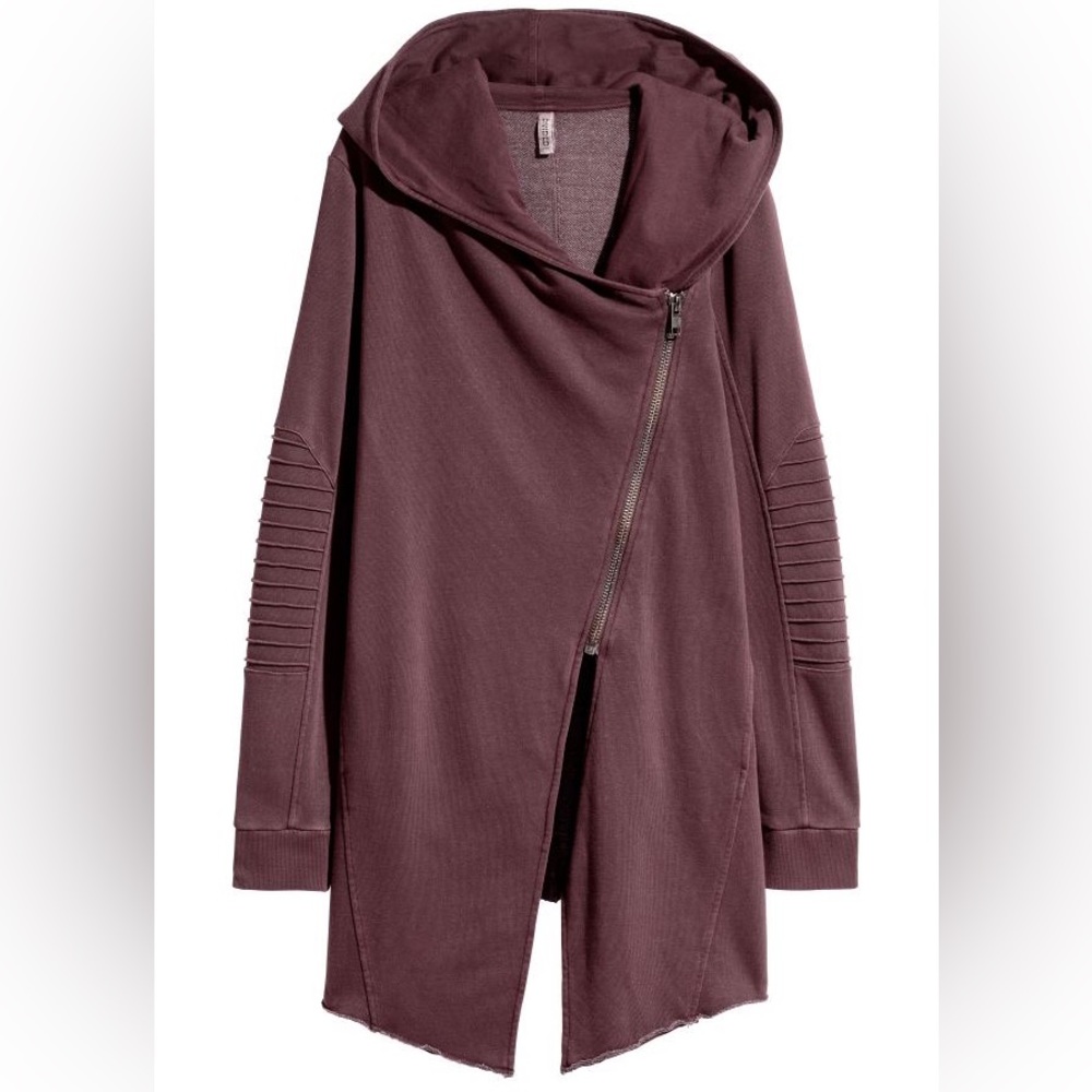 Hooded Sweatshirt Cardigan H&M dark burgundy diagonal zip rock grunge biker